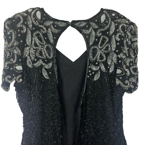Vintage Laurence Kazar 100% Silk Silver & Black Sequin Beaded Dress glam 80’s L - Picture 8 of 13